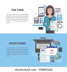 Set of horizontal banners with space for text, flute design with shadow. Icons of the accountant with the subjects of statistics and payment of taxes, the time of calculation and filing of tax return