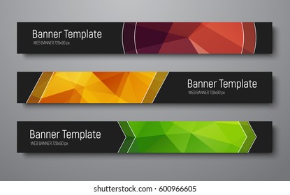 Set of horizontal banners standard size with brown, green and gold polygonal background. Vector illustration
