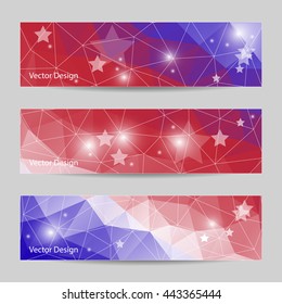 Set of horizontal banners with stars on polygonal background.