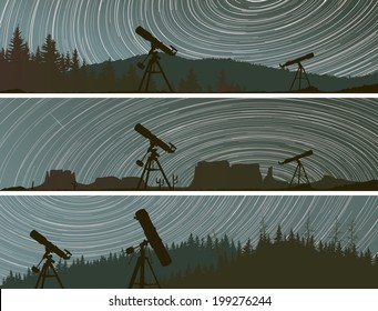 Set horizontal banners of stars trace circles on the sky with telescopes and forest.