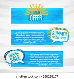 Set of horizontal banners with stickers, labels, badges summer sale. Blue texture background. Place for your text. Vector.