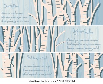 Set horizontal banners with stylized birch trunks forest and space for text.