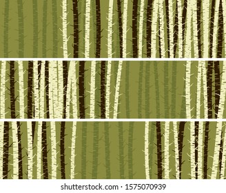 Set of horizontal banners with stylized birch trunks on green and space for text.