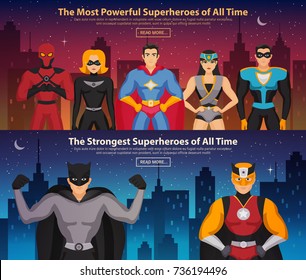 Set of horizontal banners with superheroes men and women on night city background isolated vector illustration 