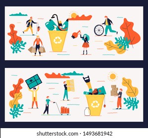 Set of Horizontal banners template for garbage recycling. Zero waste concept poster. People sorting waste rubbish and containers images. Flat Art Vector illustration