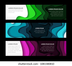Set of horizontal banners templates with abstract colorful paper cut background