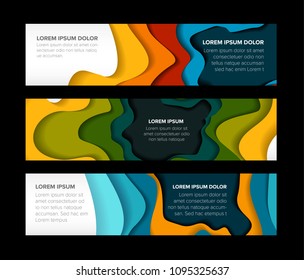 Conjunto de plantillas de banners horizontales con fondo de corte de papel colorido abstracto