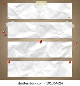 Set of horizontal banners with the texture of crumpled paper, fixed with tape, pins, paper clips 