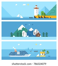 A set of horizontal banners - Travel by sea. A cruise ship. Holidays in the mountains.