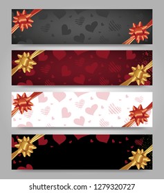 Set horizontal banners for Valentines day decorated hearts and bows with ribbons. Vector illustration.