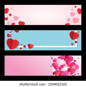 Establece banners horizontales para el día de San Valentín o la boda. Corazón rojo sobre fondo rosa y azul con lugar vacío para el texto.  Ilustración vectorial Día de San Valentín.