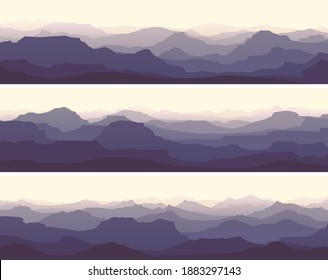 Set of horizontal banners of vector illustration morning misty rocky low mountains in violet tone.