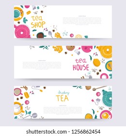 Set of horizontal banners with vector illustrations of tea accessories and text: tea shop, tea time, drinking tea, in flat style for shop or cafe. Top view. Banner design for page or social media.