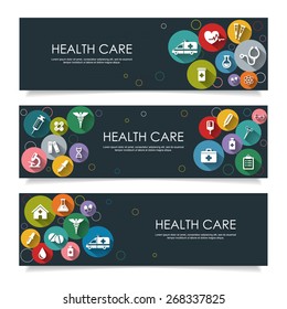 Set of horizontal  banners with vector Medical Icons in flat style with long shadows, isolated on dark background. Vector illustration for your design.