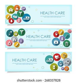Set of horizontal  banners with vector Medical Icons in flat style with long shadows, isolated on white background. Vector illustration for your design.