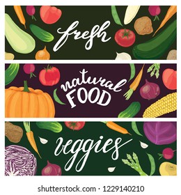 Set of horizontal banners with vegetables and lettering, healthy eating and vegetarian theme labels