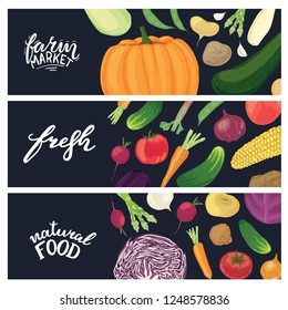 Set of horizontal banners with vegetables and lettering, healthy food on dark background
