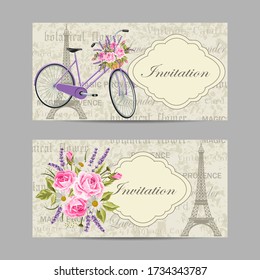 Set of horizontal banners. Violet bicycle with Eiffel tower and flowers. Vintage postcard background.