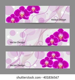 Set of horizontal banners with violet orchid flowers, circles and ribbons.