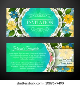 Set of Horizontal Banners, Web Design Element. Beautiful Abstract Flowers, Elegant Feminine Template. Corporate Identity, Flyer, Greeting Card, Invitation. Vector Illustration. Clipping Mask, Editable