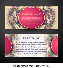 Set of Horizontal Banners, Web Design Element. Beautiful Abstract Flowers, Elegant Feminine Template. Corporate Identity, Flyer, Greeting Card, Invitation. Vector Illustration. Clipping Mask, Editable