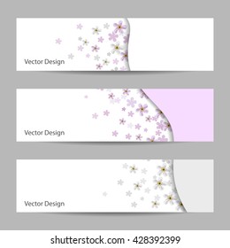Set of horizontal banners with white and pink flowers. Vector illustration.