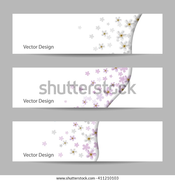 Set of horizontal banners with white and\
pink flowers. Vector\
illustration.