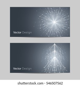 Set of horizontal banners. White snowflake and fir tree made of connected lines and dots on dark background.
