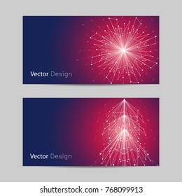 Set of horizontal banners. White snowflake and fir tree made of connected lines and dots.