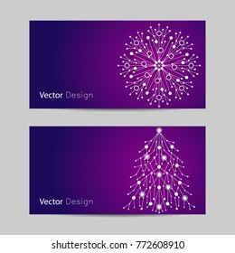 Set of horizontal banners. White snowflake and fir tree made of connected lines and dots on violet background.