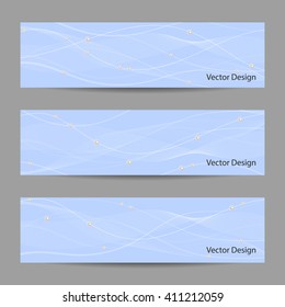 Set of horizontal banners with white stripes, veil and pearls on blue background for use in your design.