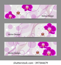 Set of horizontal banners with white and violet orchid flowers, circles and ribbons.