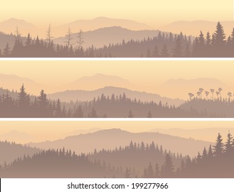 Set horizontal banners of wild coniferous forest in morning fog.