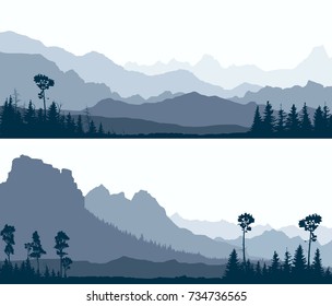 Set horizontal banners of wild coniferous forest glade with mountain ranges in blue tone.