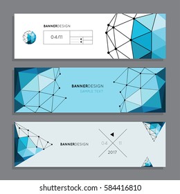 Set of horizontal banners with wireframe low poly objects: spherical, triangular shapes in blue tones. Design for creative art posters, invitations, flyer, cards, party, science, music festivals
