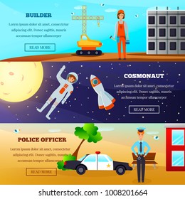 Set of horizontal banners with woman professions including builder with tools, cosmonaut, police officer isolated vector illustration