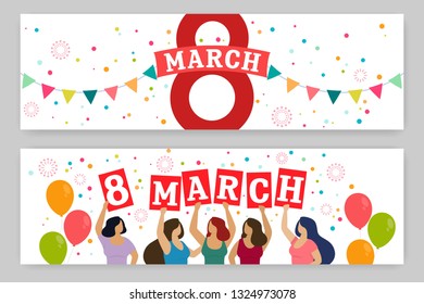 Set of horizontal banners, Women celebrate 8 march. Happy women's day. Vector