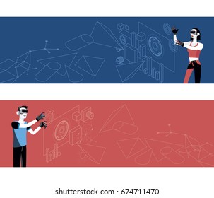 Set of horizontal banners. Young Man and woman (Millennial teenagers) wearing Virtual Reality Glasses and gloves. 