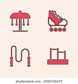 Set Horizontal bar, Attraction carousel, Roller skate and Jump rope icon. Vector