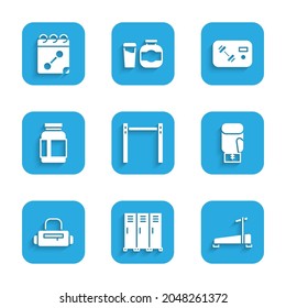 Set Horizontal bar, Locker changing room, Treadmill machine, Boxing glove, Sport bag, Sports nutrition, Fitness club, gym card and Calendar fitness icon. Vector
