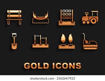 Set Horizontal bar, Toy train, Bumper car, Forest, Shovel toy, Tic tac toe game, Bench and Boat swing icon. Vector