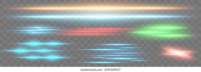 Set of horizontal beams of light. Effect of light, glare. Magic glow, linear light.