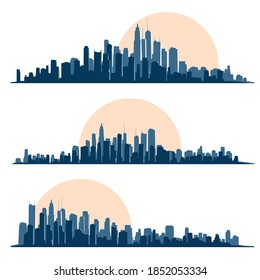 Set of horizontal big city silhouettes. Buildings and skyscrapers with glare from sun.