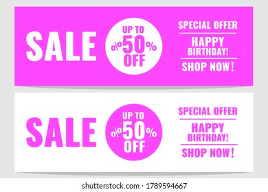 Set of horizontal birthday coupons offering discount. Vector image for advertising, promotion.