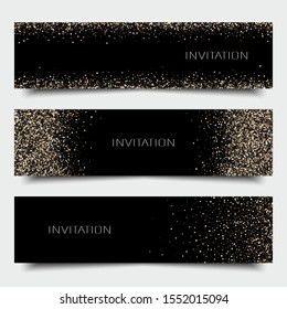 
Set of horizontal black banners with gold glitter. Invitation template.