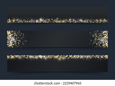 Juego de banners horizontales de brillo en negro y oro. Polvo de oro. Feliz Navidad y Feliz Año Nuevo.