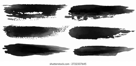 Conjunto de pinceladas de tinta negra Horizontal con textura de pincel seco. Líneas de caligrafía japonesa pintadas a mano y rayas grunge. Ilustración vectorial.