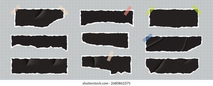 A set of horizontal black torn pieces of paper. Glued wisps with torn edges. Vector patch with tape for collage. Tattered sheets fragments. Background for  label, note, tag.