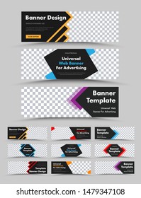Set of horizontal black vector web banners with colored arrows, lines and rhombuses. Templates with place for photo.