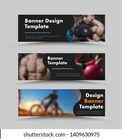 set of horizontal black web banners with space for photos and curved colored lines. Universal templates for advertising sports, travel or business. Vector illustration